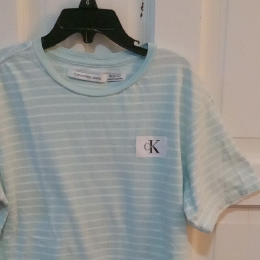 Calvin Klein Boy's Short Sleeve Shirt Size M (10-12) Teal Stripes - Picture 2 of 10